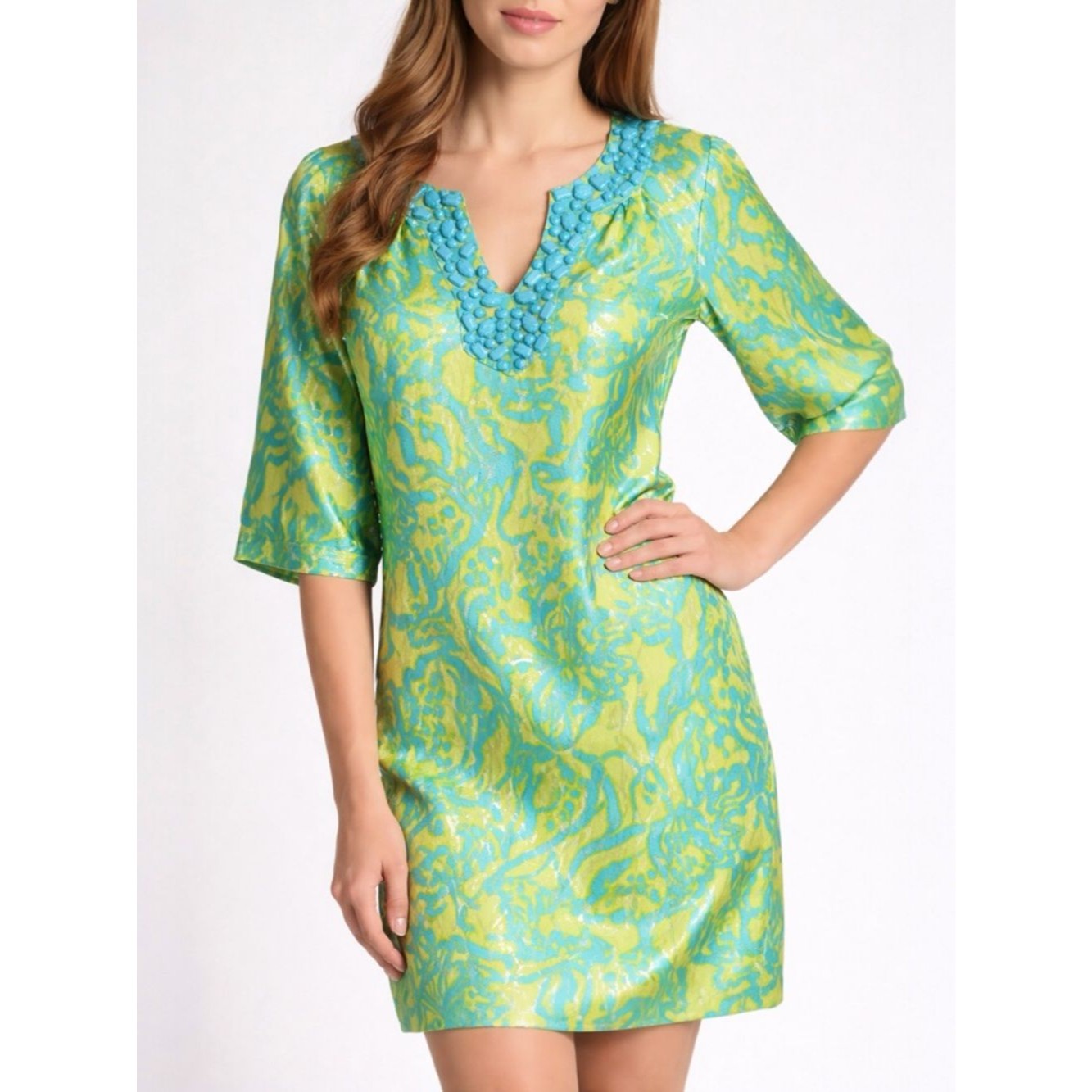 Lilly Pulitzer Alice Dress Silk Beaded Lush Green Wild Orchid Size 2 Tropical